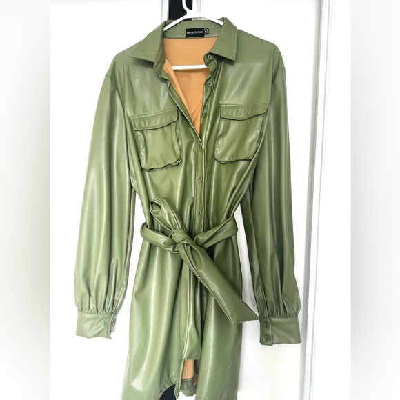 PLT Khaki Faux Leather Pocket Detail Shirt Dress - Picture 2 of 6